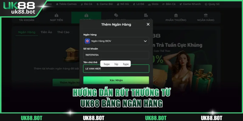 Hướng dẫn rút thưởng từ UK88 bằng ngân hàng